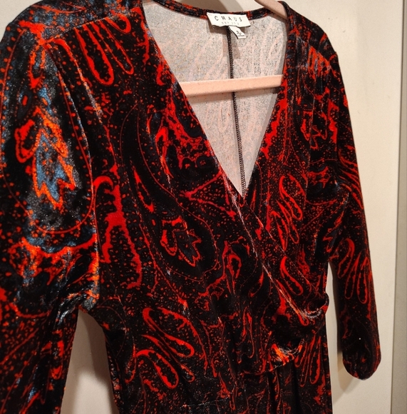 Chaus Velvet Red & Black Paisley Print Faux Wrap Dress Sz S Whimsigoth Vampire - Picture 3 of 7